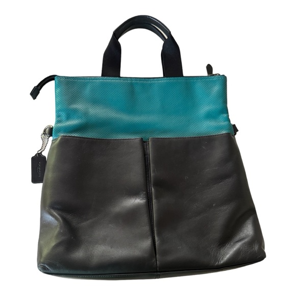 Coach Charles Perforated Leather Seagreen/Black Foldover Tote. - Picture 6 of 12